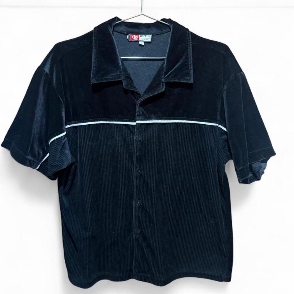 Vtg 90s Y2K IZ IT U Mens Black Velvet Ribbed Shirt Bowling Indie Rockabilly L